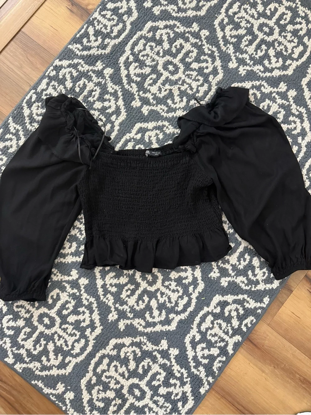 Zara Black Smocked Puff-Sleeve Crop Top